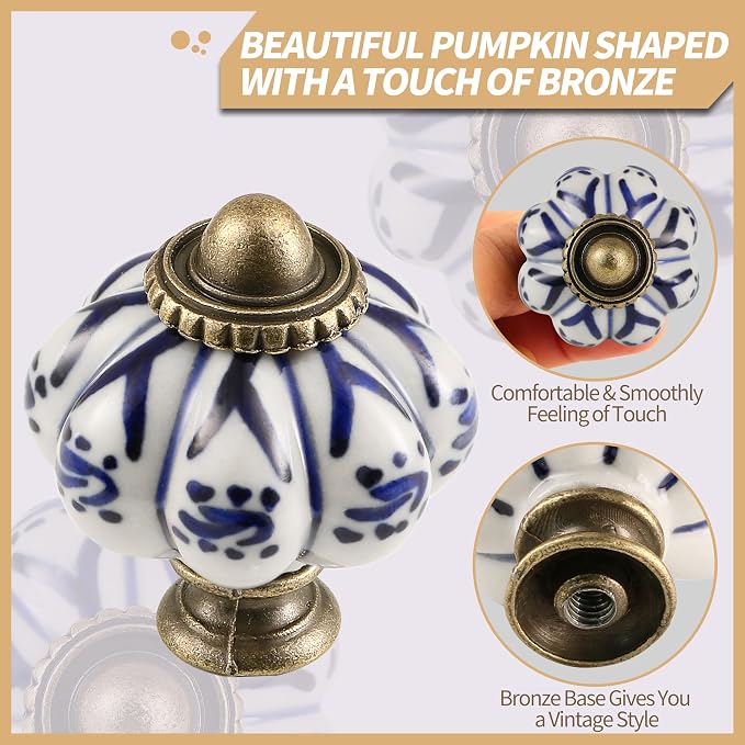 Ivory & Deep Blue Pumpkin Knobs 2 Pack Ceramic Cabinet Knobs Vintage Drawer - Image 3