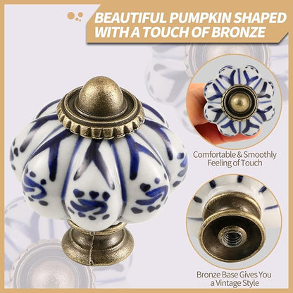 Ivory & Deep Blue Pumpkin Knobs 12 Pack Ceramic Cabinet Knobs Vintage Drawer - Image 3