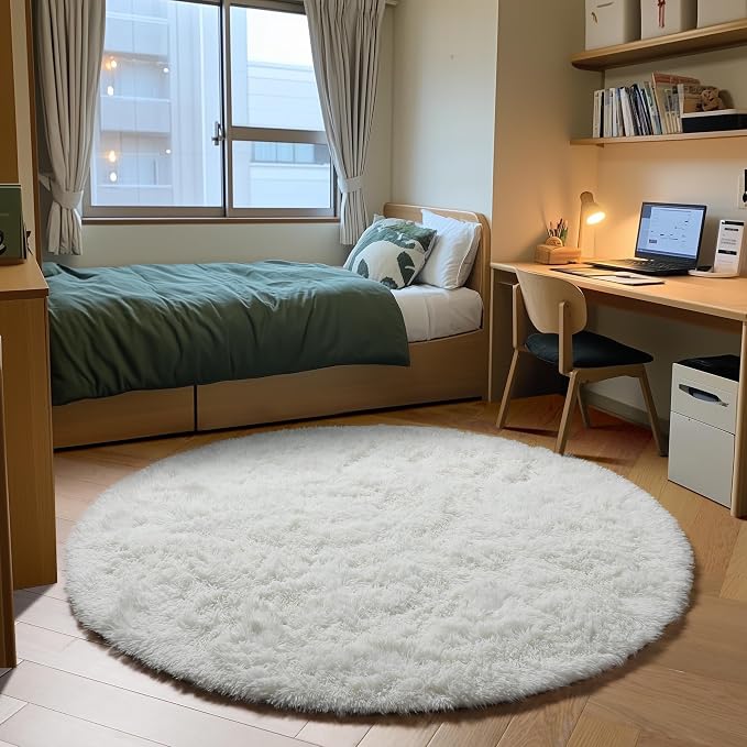 Cream White Round Area Rug 4ft, Fluffy Ultra Soft Bedroom Circle Rugs Floor Mat - Image 4
