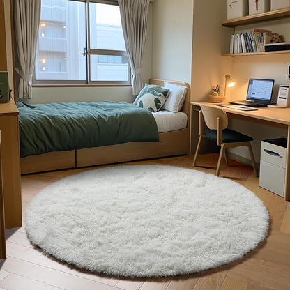 Cream White Round Area Rug 4ft, Fluffy Ultra Soft Bedroom Circle Rugs Floor Mat - Image 4