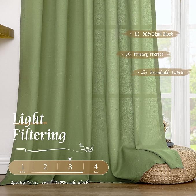 72 inch Length Green Semi Sheer Linen Curtains - Image 4