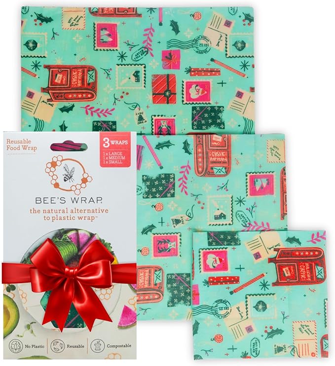 Bee's Wrap Beeswax Wraps for Food - Made in USA Reusable & Organic Food Wraps, Sandwich Wrap & Bowl Covers - Eco-Friendly Alternative to Aluminum Foil, Seasons Greetings 3 Pack (S, M, L)