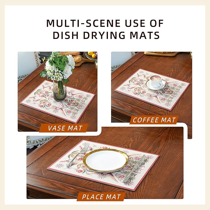 Dish Drying Mat, Absorbent Coffee Mat Rubber Backed, Soft Silicone Dish Drying Mat for Kitchen Counter or Sink for Kitchen Bathroom Coffee Bar (Birds and Flowers, 12 x 16 Inches)