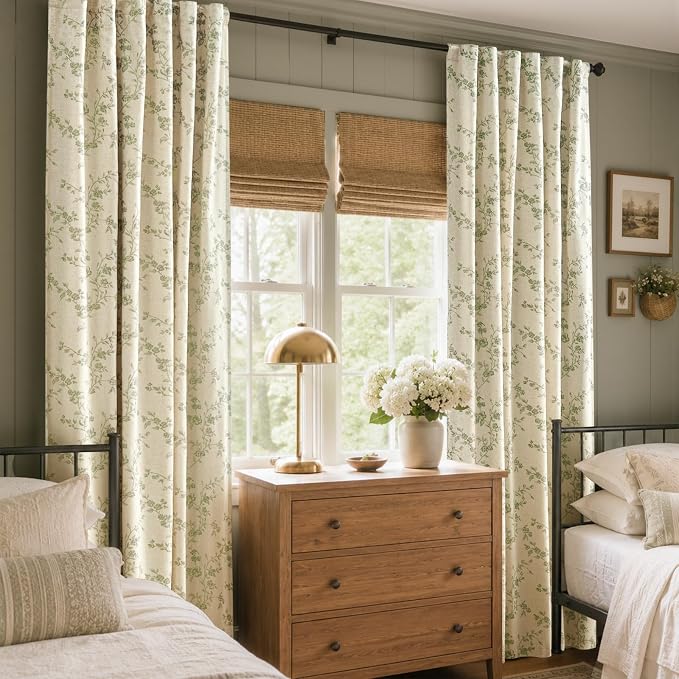 Blackout Vintage Floral Linen Curtains Green on Beige 50×96 2 Panels | Elisa - Image 6