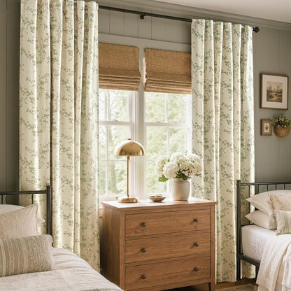 Blackout Vintage Floral Linen Curtains Green on Beige 50×90 2 Panels | Elisa - Image 6