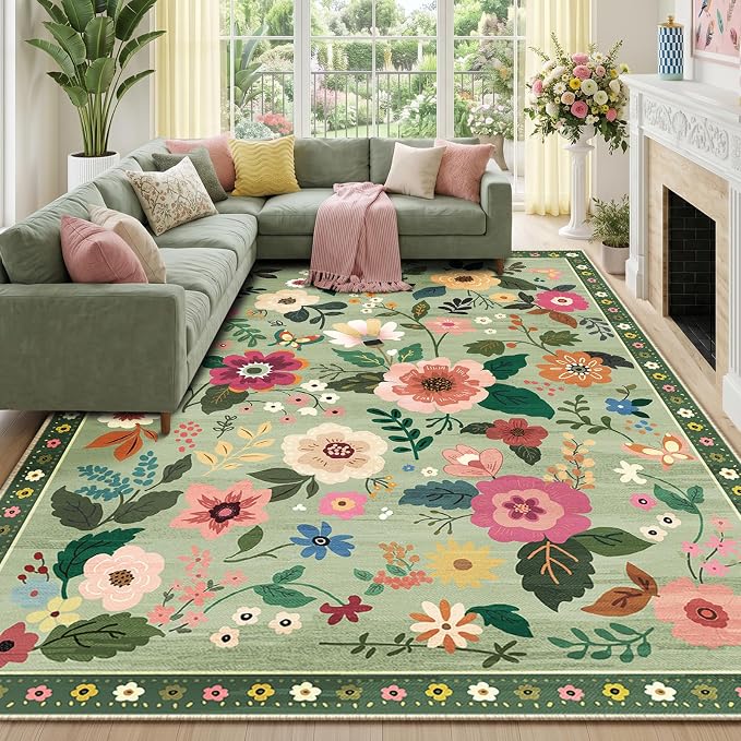 RELEANY Floral Washable 9x12 Area Rugs LightGreen | Flower Carpet Print Boho by RELEANY