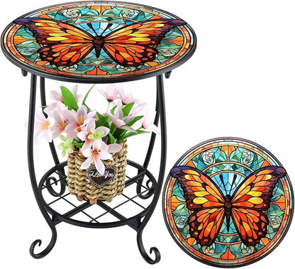 Cinnvoice Outdoor Side Table Round Small Mosaic Patio Accent Indoor End Plant by Cinnvoice
