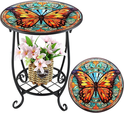Cinnvoice Outdoor Side Table Round Small Mosaic Patio Accent Indoor End Plant by Cinnvoice