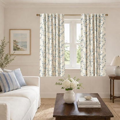 Blackout Vintage Floral Linen Curtains Blue on Beige 50×63 2 Panels | Elisa - Image 6