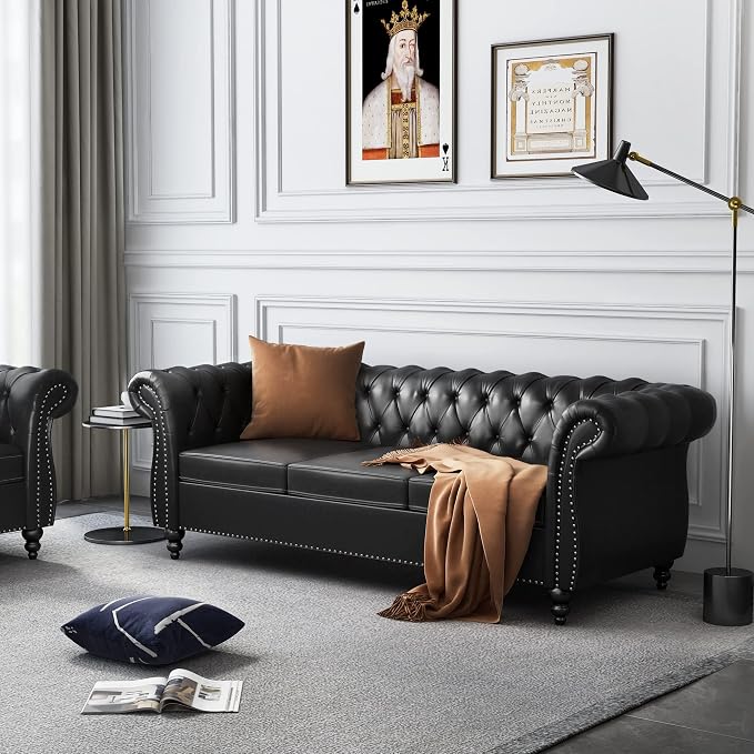 3 Piece Living Room Set, Chesterfield Leather Sofa Loveseat Couch Chair - Image 4