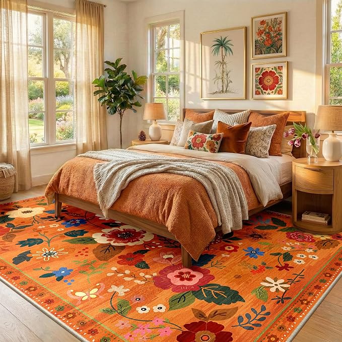 RELEANY Floral Washable 6x9 Area Rugs BurntOrange | Flower Carpet Print Boho - Image 8
