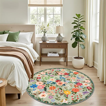 PLHXFR Round Area Rug Living Room: 4 ft Floral Washable Soft Carpet Green | - Image 3