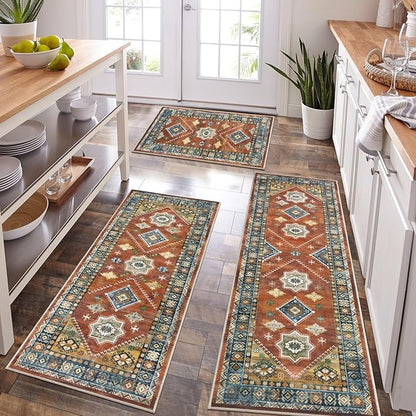 HEBE Boho Kitchen Rugs Set of 3, Non Slip Washable Kitchen Mats by HEBE