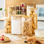 Extra Large Square Glass Flour & Sugar Storage Containers with Airtight Lids, 132 floz & 63 floz - 2 Pack Glass Jars with Bamboo Lids, Air tight Food Storage Containers for Cereal, Pasta, Rice