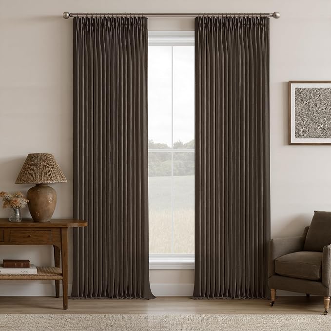 Pinch Pleated Dark Brown Light Filtering Flax Linen Curtains 96 Inches Long | by Twodrapes