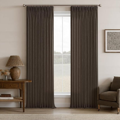 Pinch Pleated Dark Brown Light Filtering Flax Linen Curtains 96 Inches Long | by Twodrapes