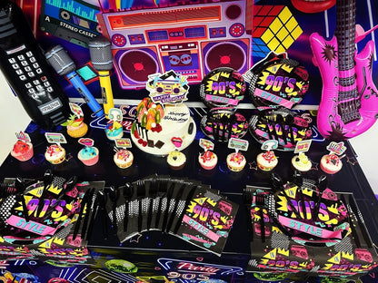 90s Party Decorations 80's 90's Theme Party Bundle includes Inflatable Gitar&Mobile Phone, Back To The 90's Banner, Tablecloth, Cake Toppers, Plates, Napkins, Hip-Hop Backdrop