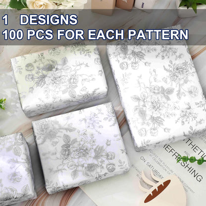 JarThenaAMCS 100 Sheets Floral Tissue Paper Silver Flower Gift Wrapping Paper Vintage Decorative Art Paper for Home Party DIY Crafts Supplies, 14 x 20 Inch