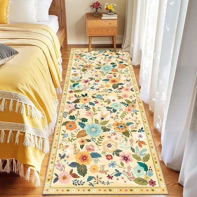 Floral Washable 2x6 Area Rugs Runner Entryway Hallway Ivory/Yellow | Flower - Image 3