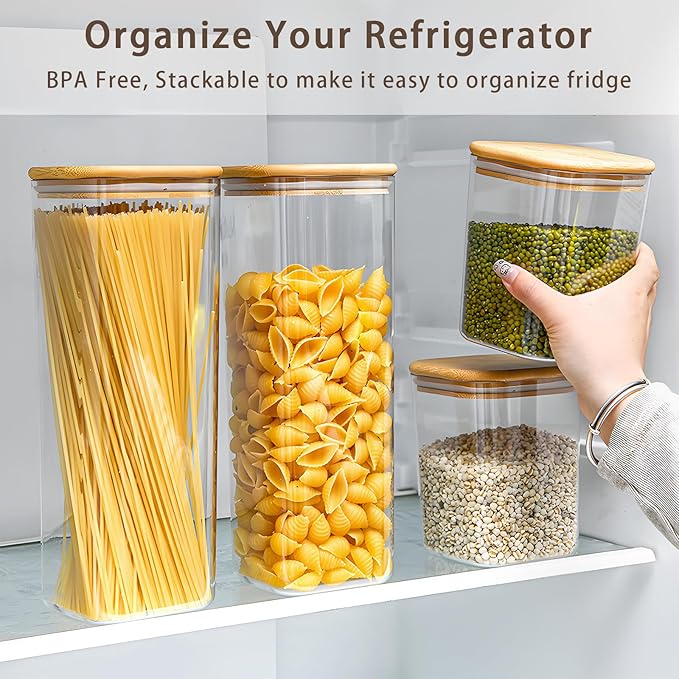 Square Storage Containers with Airtight Lids, Clear Food Storage Container Jar with Sealing Bamboo Lid for Noodles Flour Cereal Rice Sugar Tea Coffee Beans