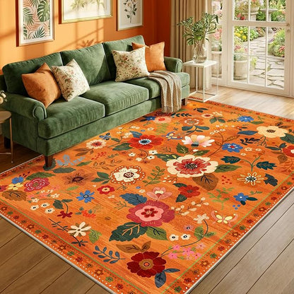 RELEANY Floral Washable 6x9 Area Rugs BurntOrange | Flower Carpet Print Boho by RELEANY