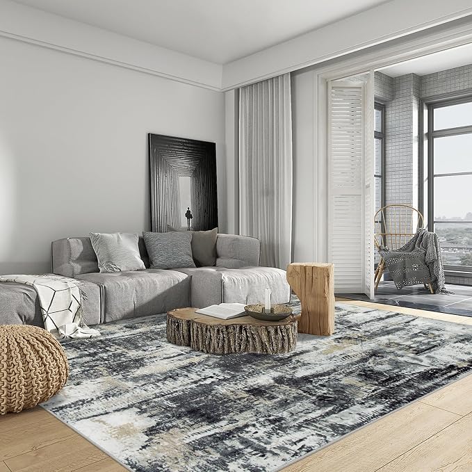 5x7 Area Rugs for Living Room: Washable Abstract Black Grey Gold Carpet | - Image 4