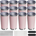 Travel Coffee Tumbler 20oz, 12 Pack Leakproof Travel Coffee Mug with Lid and Straw, Stainless Steel Double Wall Vacuum Insulated Tumbler for Hot/Iced Drinks (Textured Matte, Soft Pink)