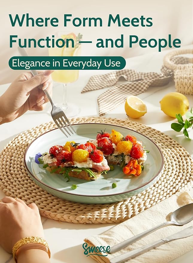 Sweese 10 Inch Porcelain Dinner Plates Set of 6 - Round Green Dishes for Main Courses, Salad, Microwave Dishwasher Safe