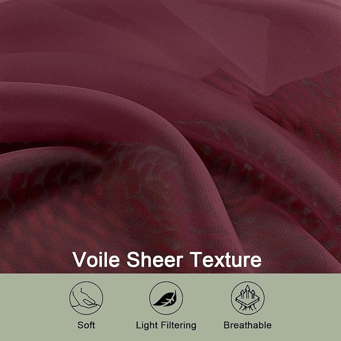 Sheer Curtains 84 Inches Long 2 Panels Set, Burgundy Sheer Curtain - Image 4
