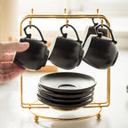 LYEOBOH Espresso Cups and Saucers Set, Ceramic Coffee Cup 3 Ounces Small Demitasse Cups Espresso Mugs with Spoons & Metal Stand for Cappuccino, Latte, Tea, Set of 6, Black