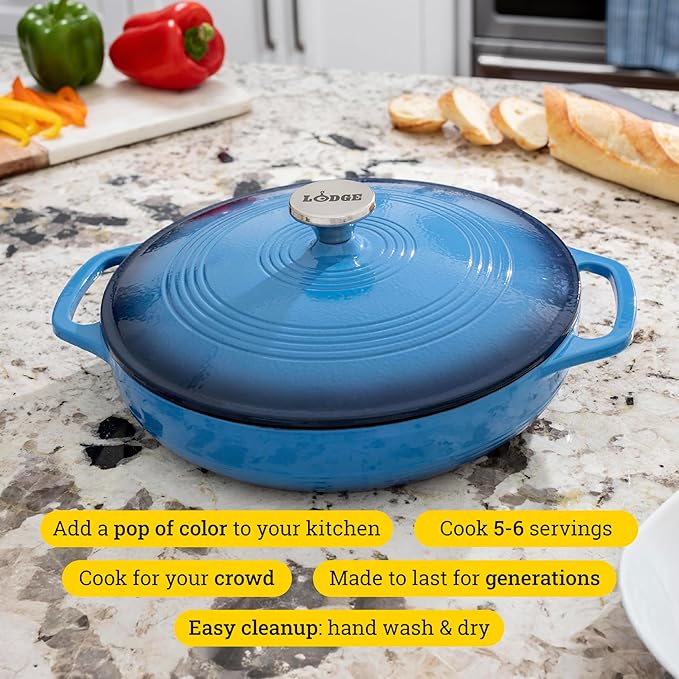 Lodge 3.6 Quart Enameled Cast Iron Oval Casserole With Lid – Dual Handles – Oven Safe up to 500° F or on Stovetop - Use to Marinate, Cook, Bake, Refrigerate and Serve – Caribbean Blue