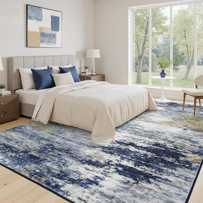 9x12 Area Rug for Living Room, Abstract Washable Large Rugs, Dark Blue | - Image 2