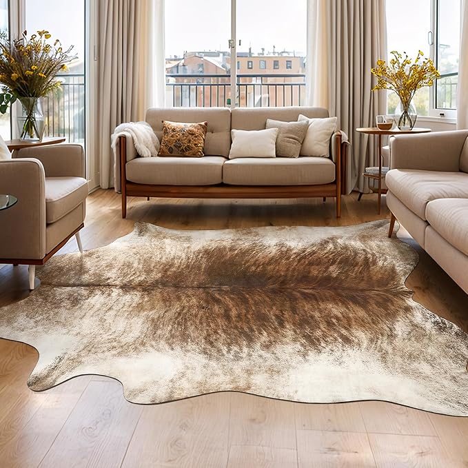 Western Faux Cowhide Rug, Animal Cow Hide Rug, 4.6 x 5.2 Ft Brownish | Premium by AROGANAREARUG