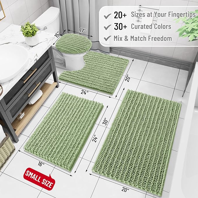 Arotive Luxury Chenille Bathroom Rug Mat, Extra Soft Thick Absorbent Shaggy Bath Rugs, Non-Slip Machine Wash Dry, Plush Bath Mats for Bathroom, Shower and Tub, 40x24, Sage Green