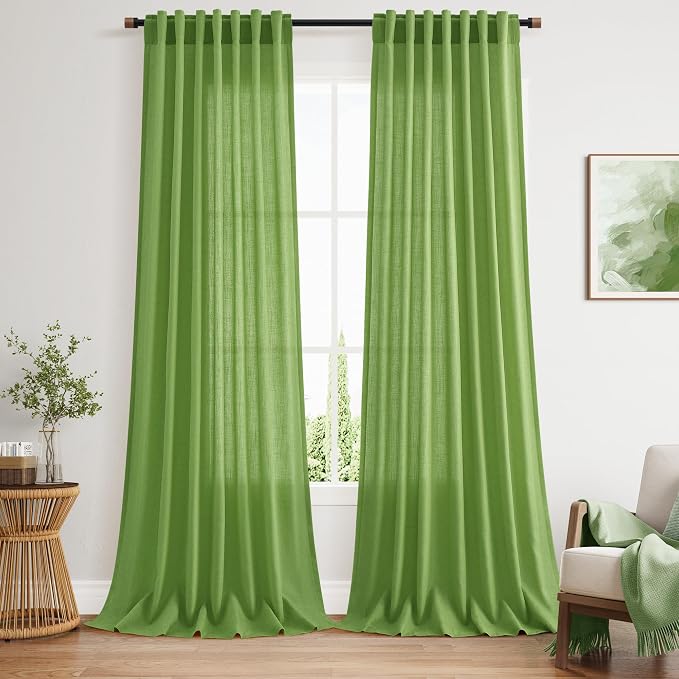 Lime Green Linen Blend Light Filtering Back Tab Curtains 102 Inches Long by Nanspring