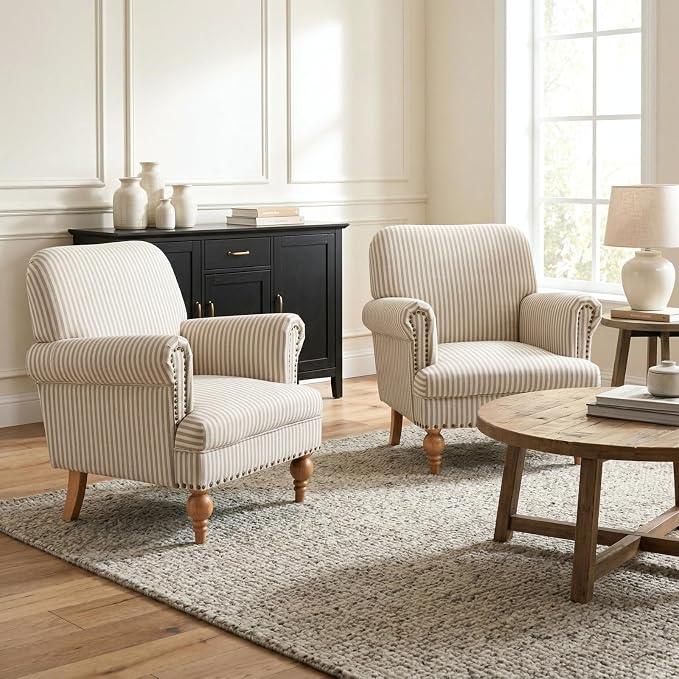 Khaki Striped Linen Fabric Accent Chairs Set of 2, Modern Farmhouse Upholstered - Image 5