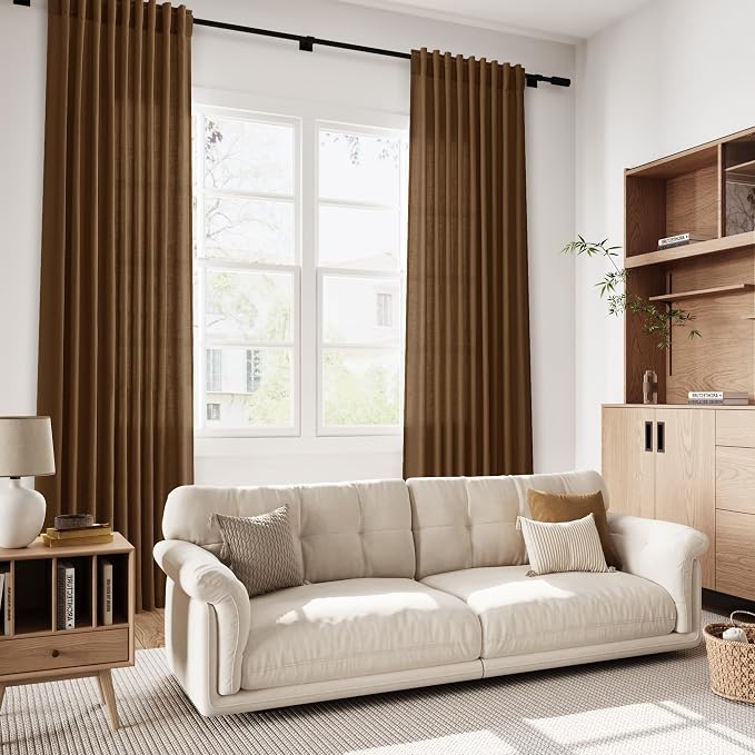 Tobacco Brown Linen Curtains 102 Inches Rod Pocket Back Tab Drapes 2 Panels Set - Image 5