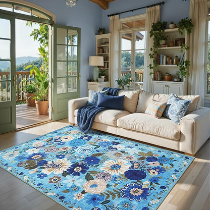 Blue Floral Area Rug 4x6 for Bedroom Dining Room | Boho Style; Low Pile; Non by WelcometoBabovid