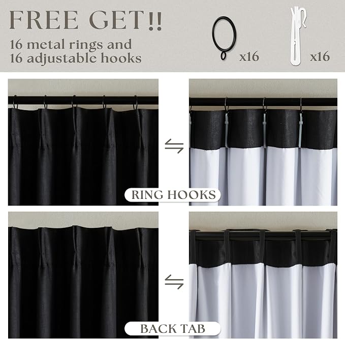 Black Pinch Pleated 100% Blackout Linen Bedroom Curtains 96 Inch Length | - Image 6