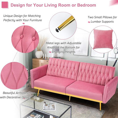 70” Velvet Futon Sofa Bed with 2 Pillows and Adjustable Armrests, Convertible - Image 5