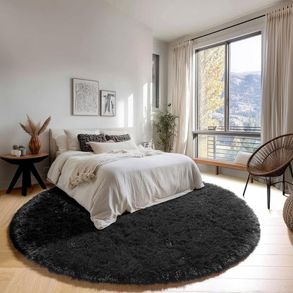 Black Round Rugs 8ft for Living Room, Fluffy Bedroom Circle Area Rug, Soft - Image 3