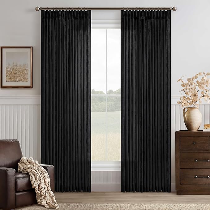 Black Linen Pleat Light Filtering Memory Shape Train Curtains 84 Inch Long | - Image 8