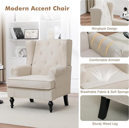 Accent Chair Set of 2, Mid Century Modern Fabric Wingback Chair, Upholstered - Image 5