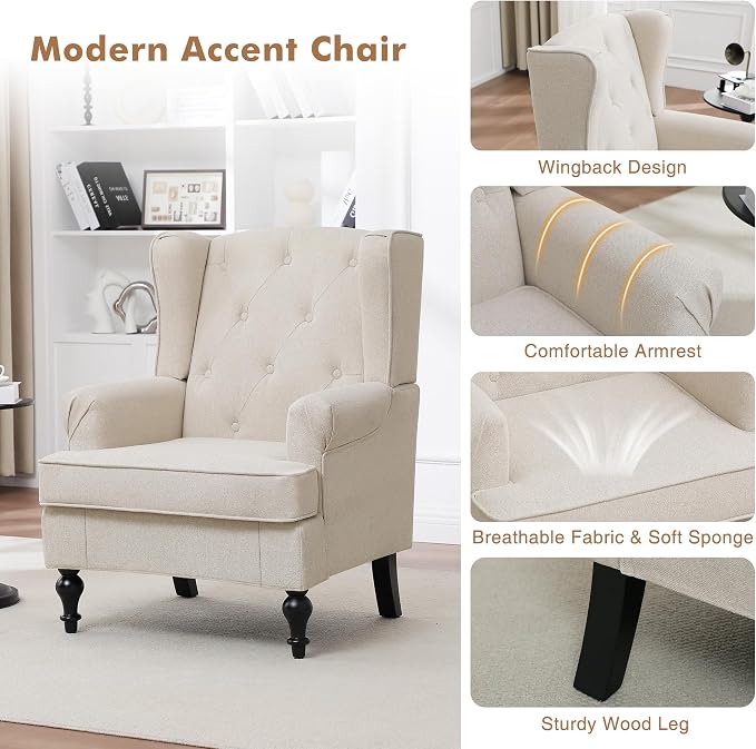 Accent Chair for Living Room, Mid Century Modern Upholstered Armchair, Wingback - Image 5