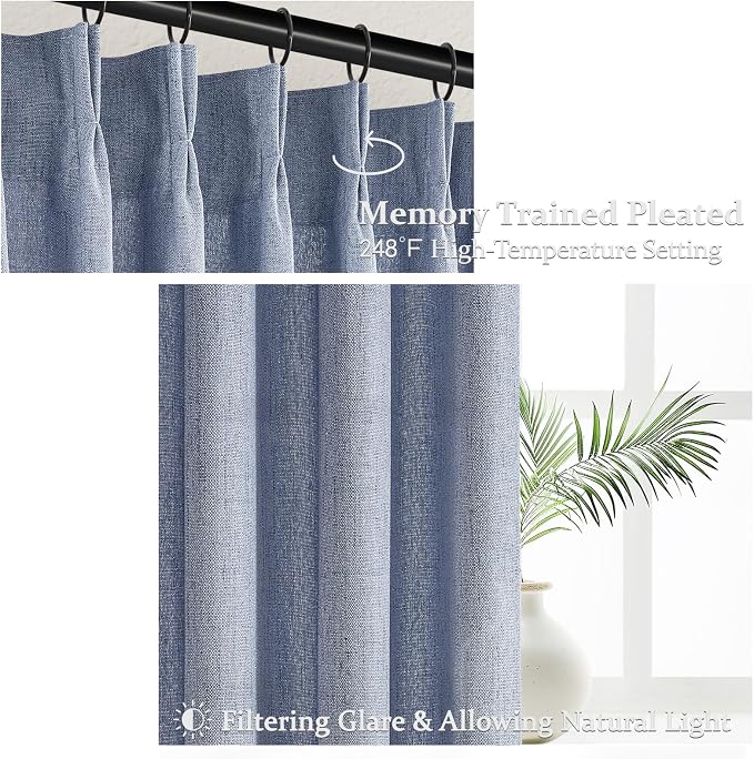 Dusty Blue 102 Inch Extra Long Memory Trained Pleated Linen Sheer Curtains - Image 3