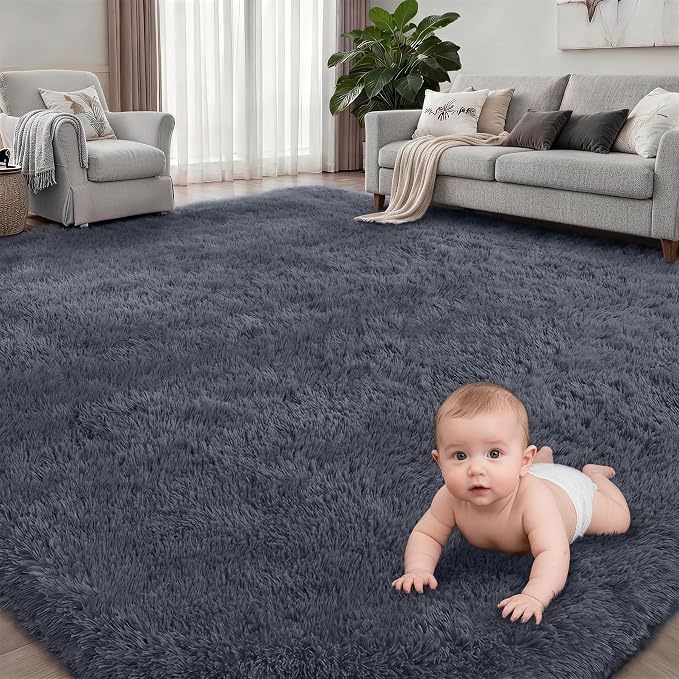 8x10 Area Rug Living Room Bedroom: Fluffy Plush Shag Carpet Grey | - Image 2