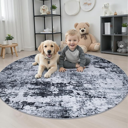 Round Area Rug Living Room: 4 ft Modern Washable Carpet Black | - Image 3