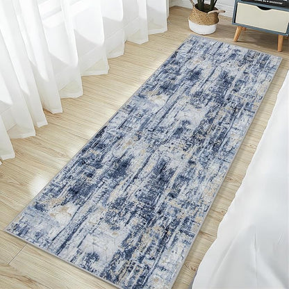 2'6''x8' Runner Rugs Washable Rug: Modern Abstract Hallway Blue Gold Carpet | - Image 3