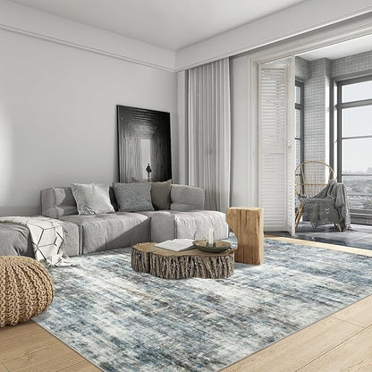 8x10 Area Rugs for Living Room: Washable Abstract Blue Multi Badroom Carpet | - Image 3