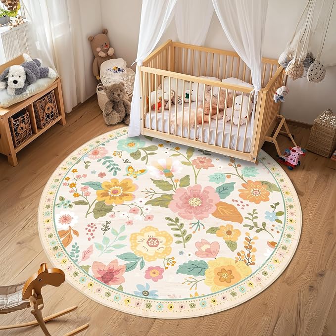 RELEANY Floral Washable Round 6ft Area Rug Beige/White/Orange | Flower Carpet by RELEANY